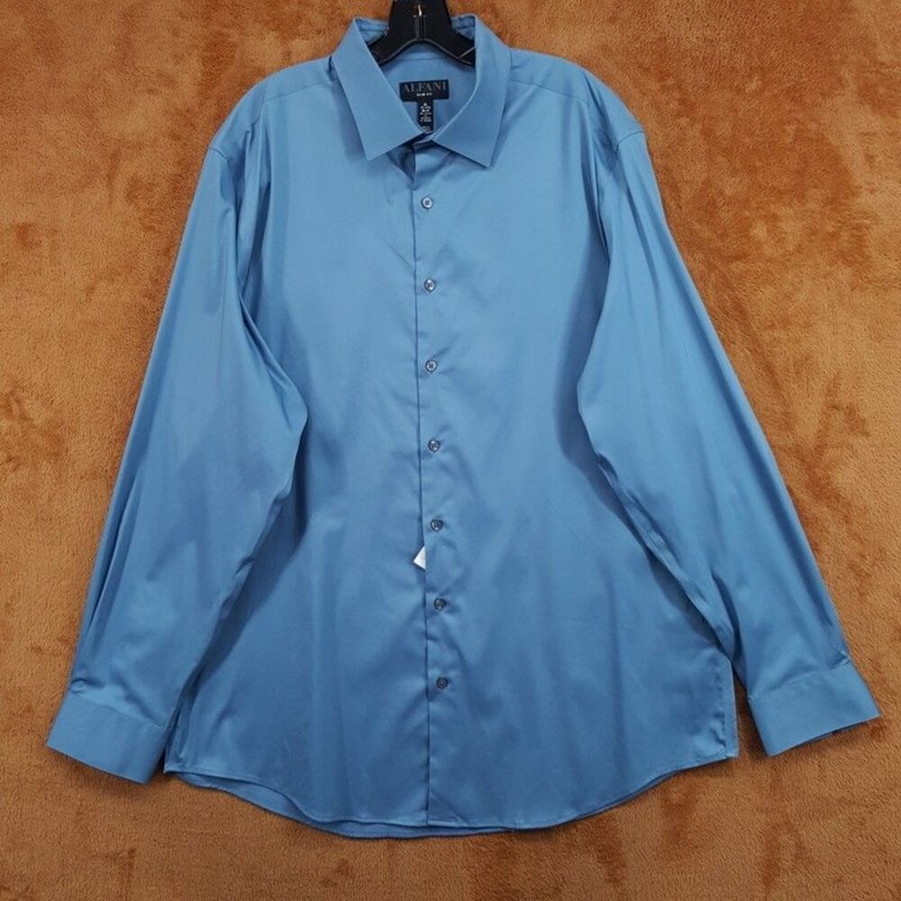 ALFANI Dress Shirt Mens Size 17 17.5 36 37 Solid Blue Slim Fit Stretch